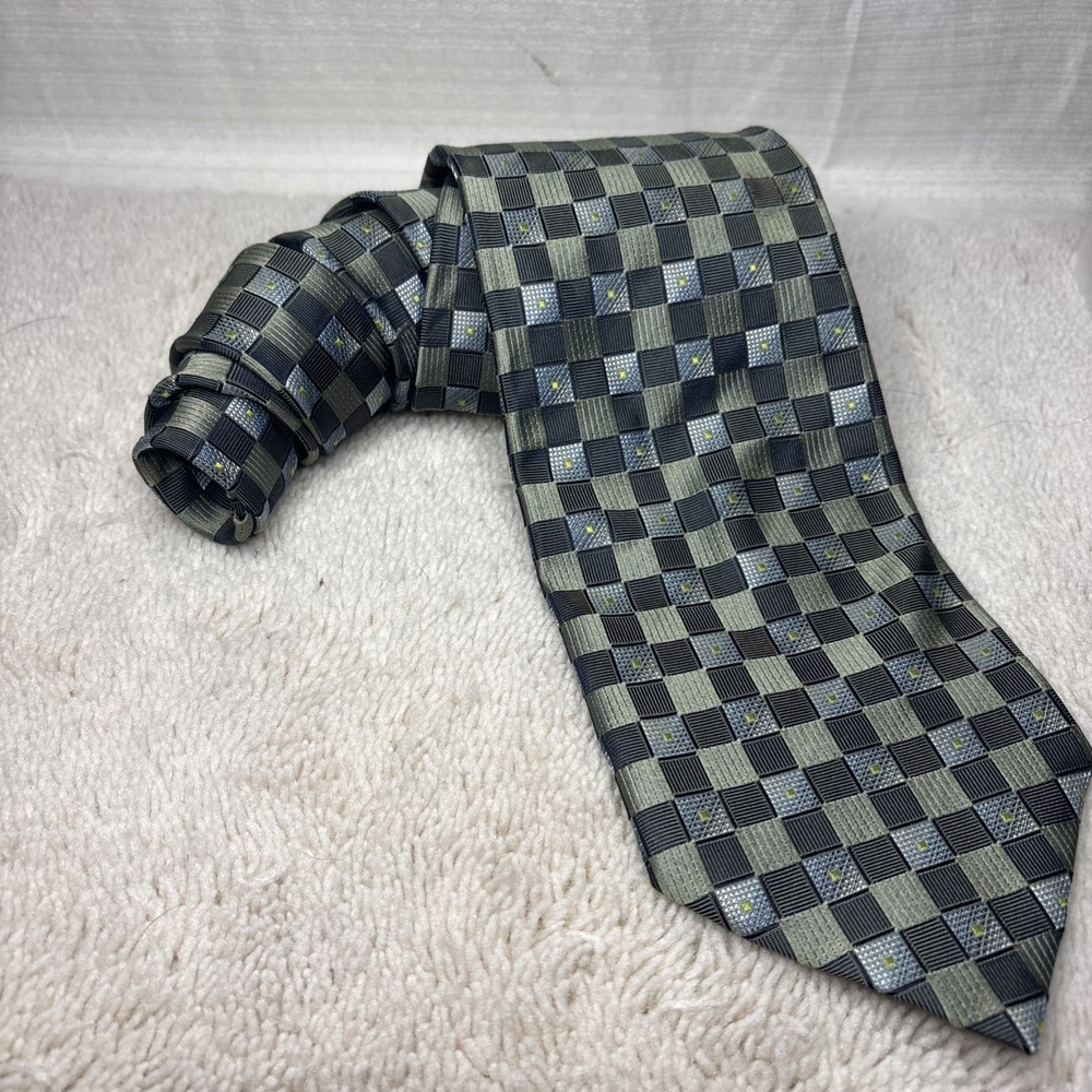 Roberto Villini Collezione Mens Silk Tie Grey Black Geometric Check‎ Hand Made